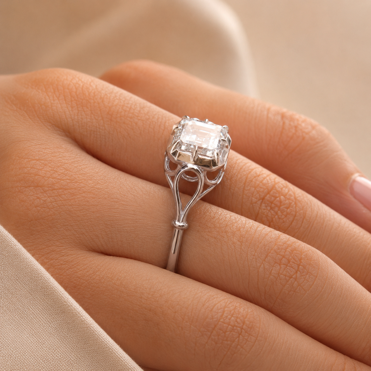3.50 CT Asscher Cut Lab-Grown Diamond Solitaire Engagement Ring in 14K White Gold – Georgian Button Back Design | IGI Certified