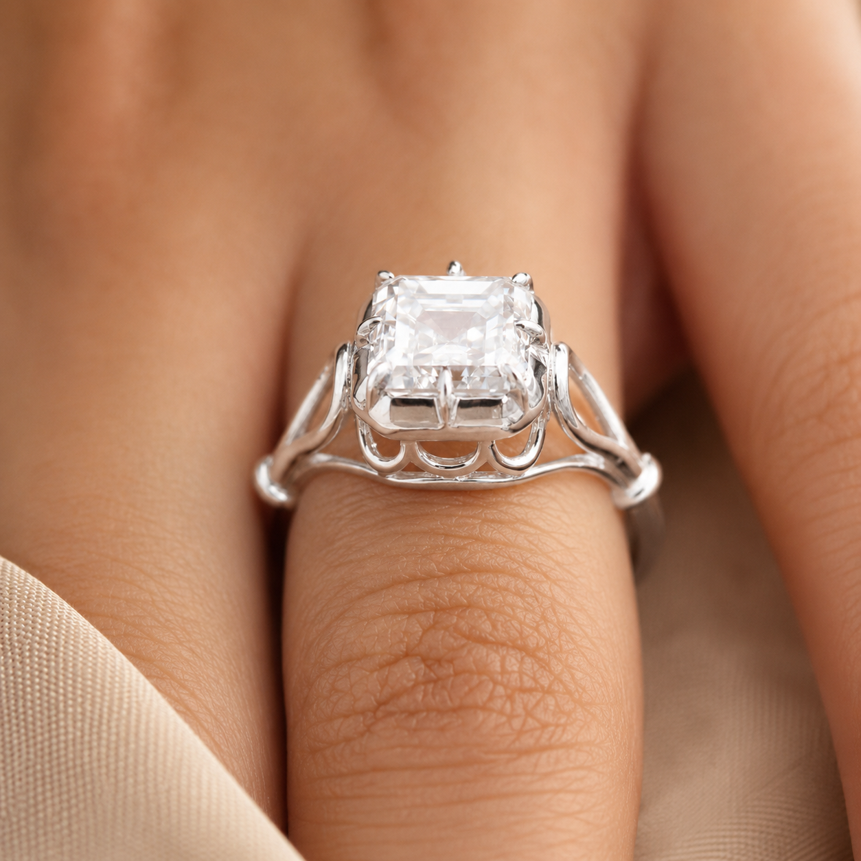 3.50 CT Asscher Cut Lab-Grown Diamond Solitaire Engagement Ring in 14K White Gold – Georgian Button Back Design | IGI Certified