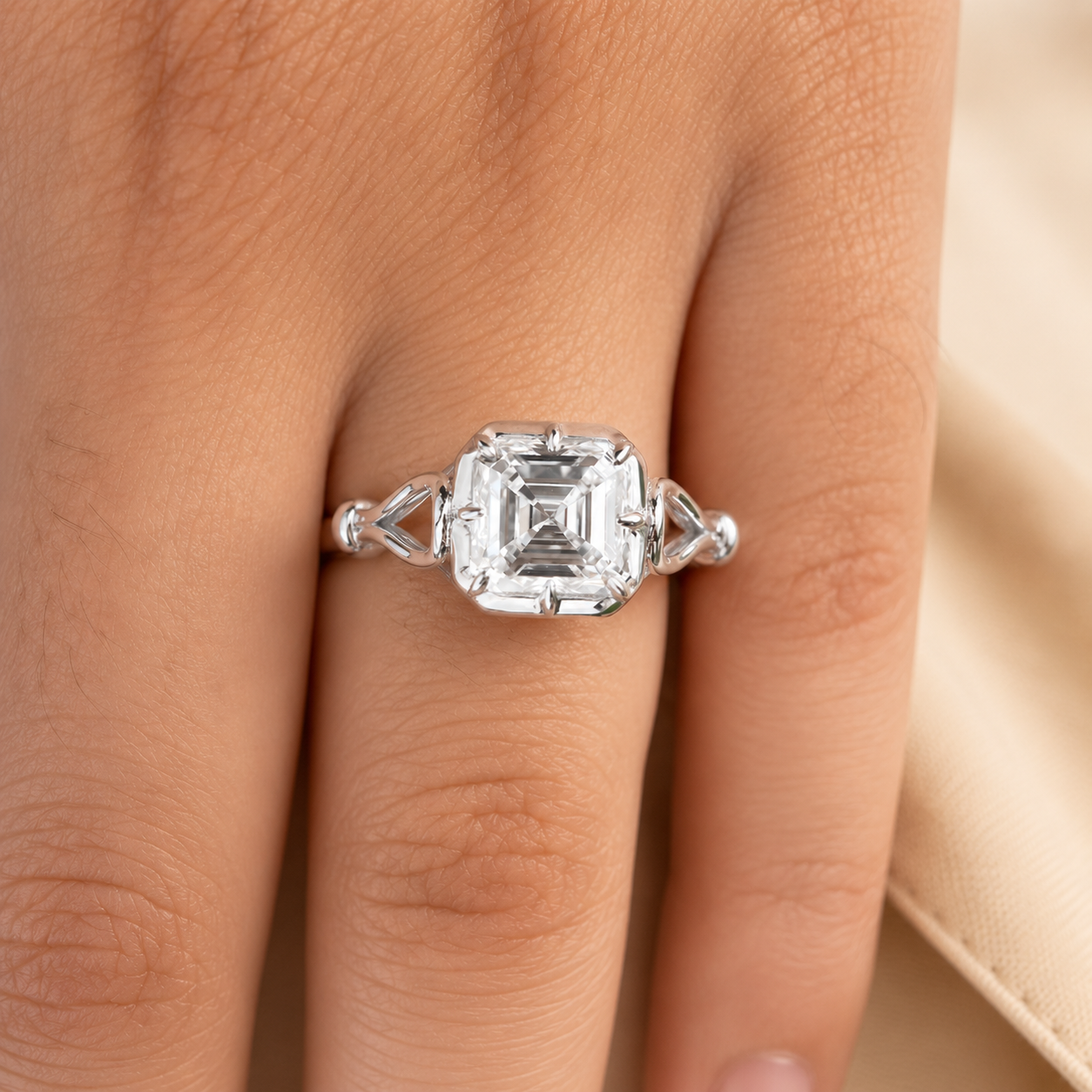 3.50 CT Asscher Cut Lab-Grown Diamond Solitaire Engagement Ring in 14K White Gold – Georgian Button Back Design | IGI Certified