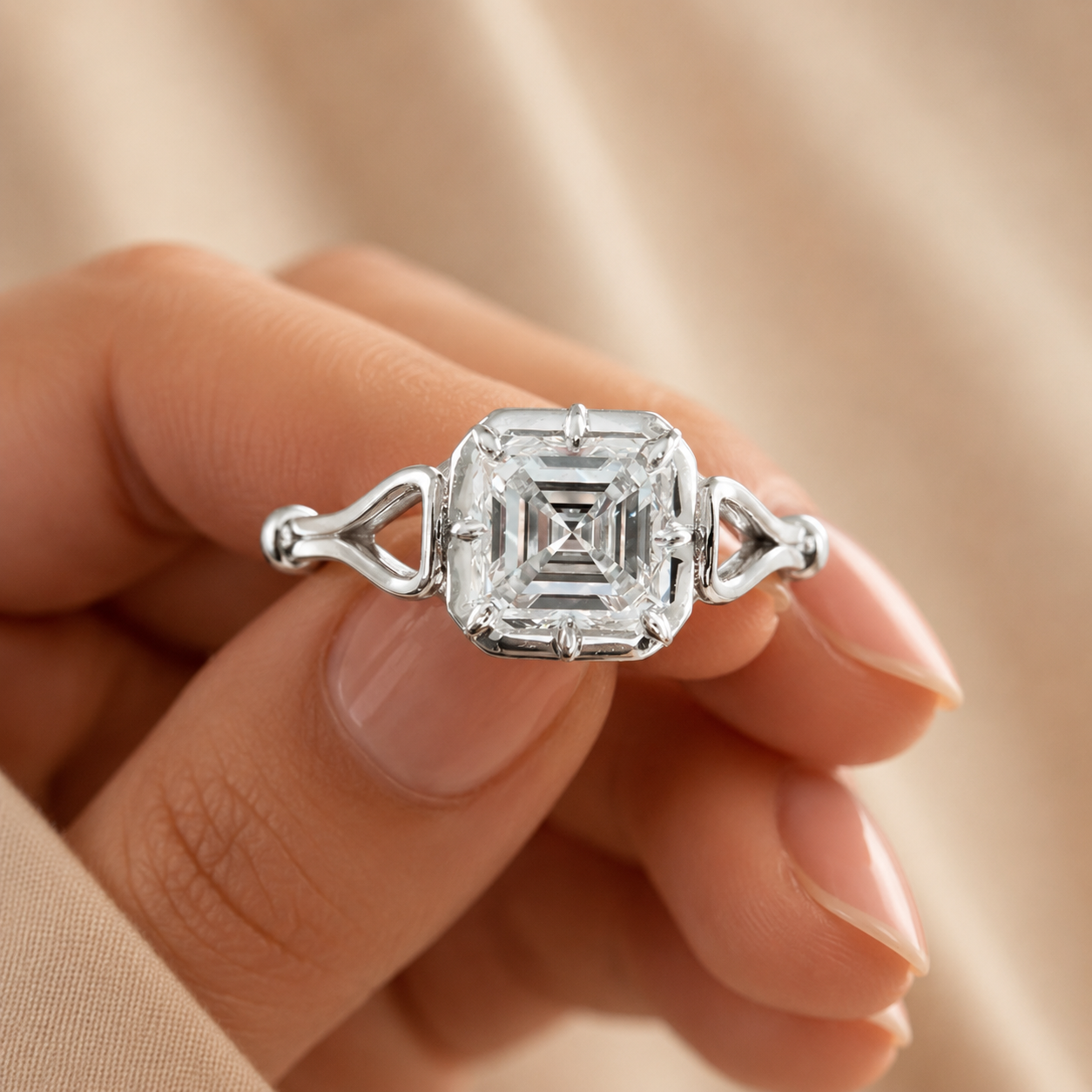3.50 CT Asscher Cut Lab-Grown Diamond Solitaire Engagement Ring in 14K White Gold – Georgian Button Back Design | IGI Certified