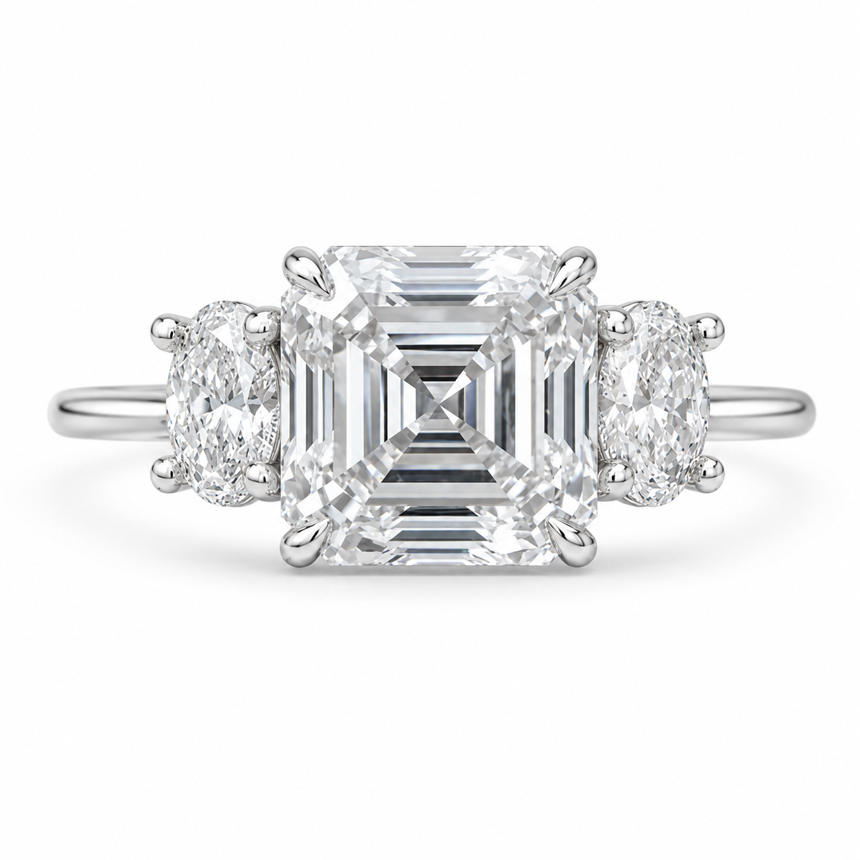 3.09 CT Asscher Cut Lab-Grown Diamond Three Stone Engagement Ring in 14K White Gold – IGI Certified Oval Side Diamond Design