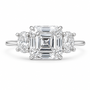 3.09 CT Asscher Cut Lab-Grown Diamond Three Stone Engagement Ring in 14K White Gold – IGI Certified Oval Side Diamond Design