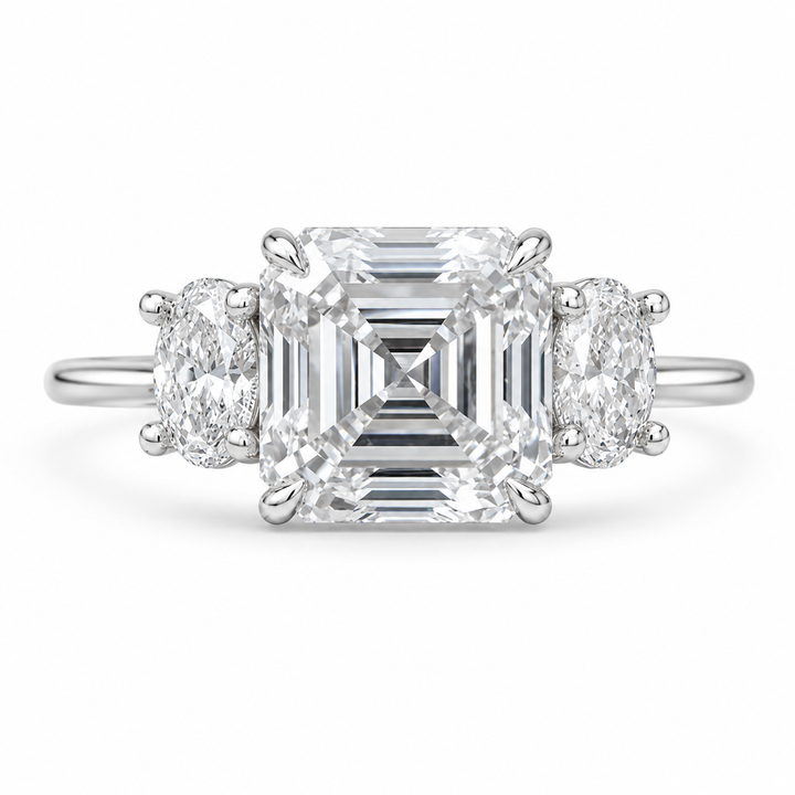 3.09 CT Asscher Cut Lab-Grown Diamond Three Stone Engagement Ring in White Gold – IGI Certified Oval Side Diamond Design