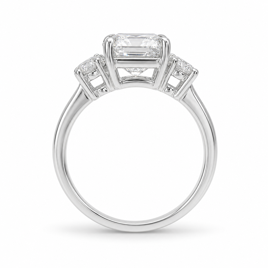 3.09 CT Asscher Cut Lab-Grown Diamond Three Stone Engagement Ring in 14K White Gold – IGI Certified Oval Side Diamond Design