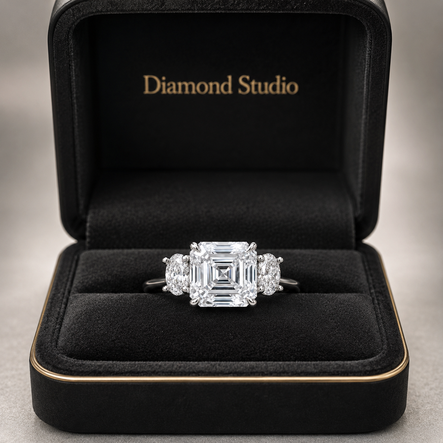 3.09 CT Asscher Cut Lab-Grown Diamond Three Stone Engagement Ring in 14K White Gold – IGI Certified Oval Side Diamond Design