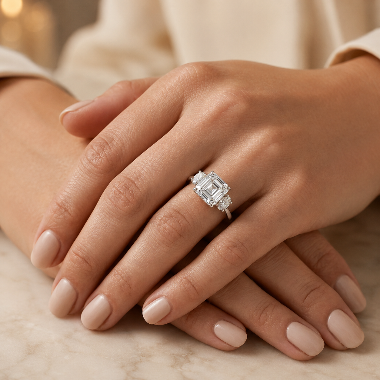 3.09 CT Asscher Cut Lab-Grown Diamond Three Stone Engagement Ring in 14K White Gold – IGI Certified Oval Side Diamond Design