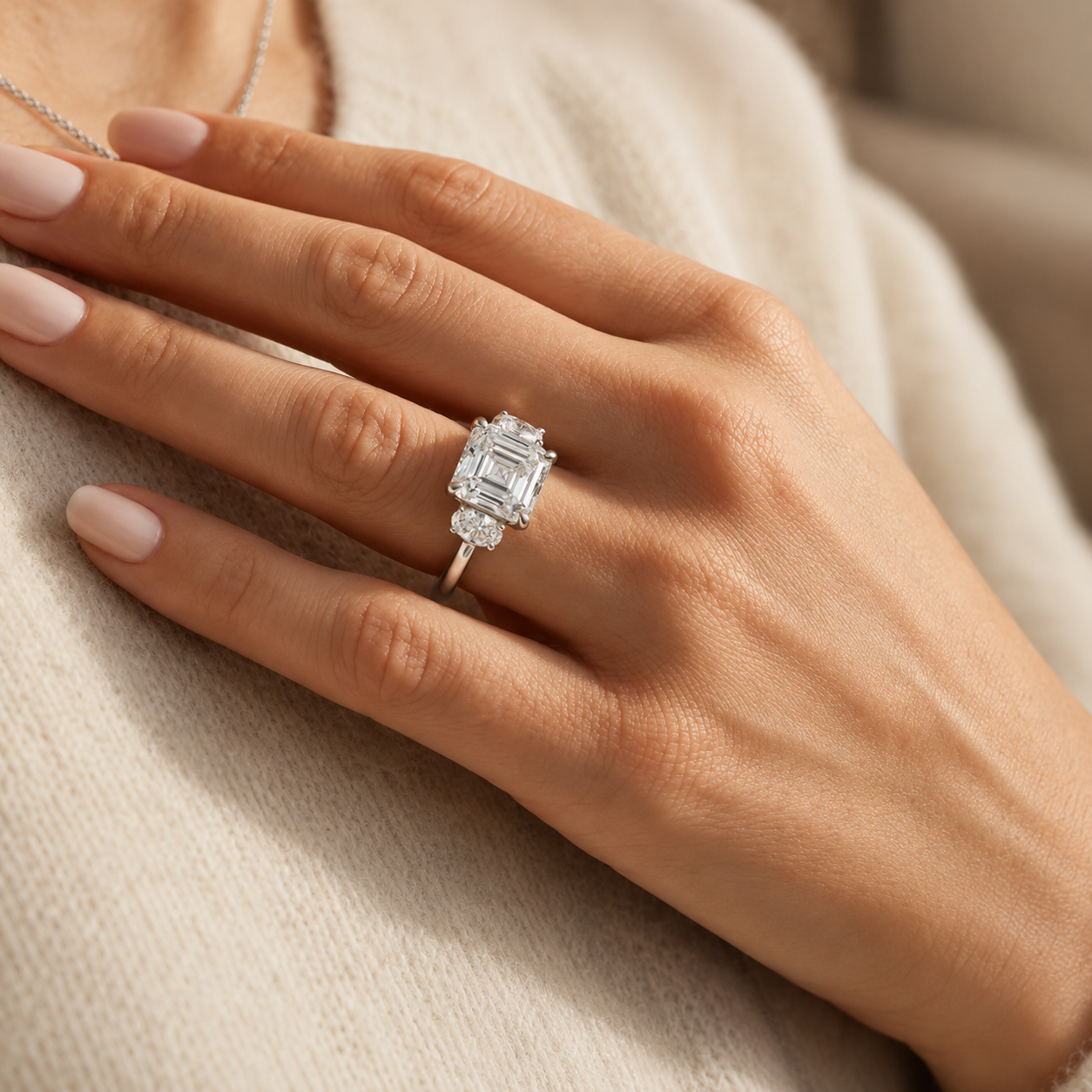 3.09 CT Asscher Cut Lab-Grown Diamond Three Stone Engagement Ring in 14K White Gold – IGI Certified Oval Side Diamond Design
