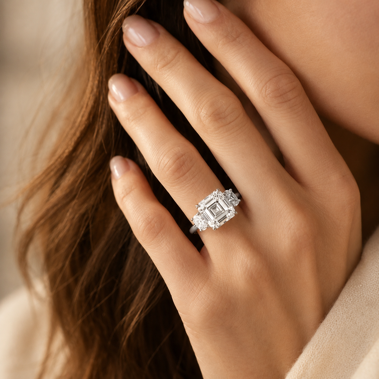 3.09 CT Asscher Cut Lab-Grown Diamond Three Stone Engagement Ring in 14K White Gold – IGI Certified Oval Side Diamond Design