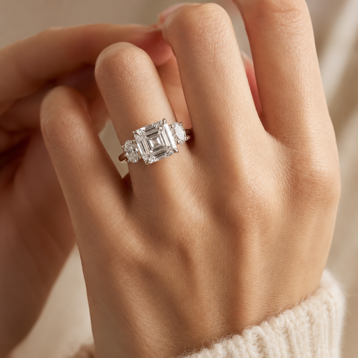 3.09 CT Asscher Cut Lab-Grown Diamond Three Stone Engagement Ring in 14K White Gold – IGI Certified Oval Side Diamond Design