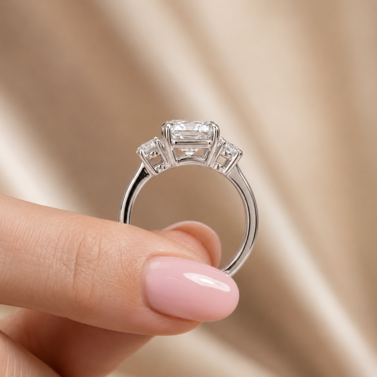 3.09 CT Asscher Cut Lab-Grown Diamond Three Stone Engagement Ring in 14K White Gold – IGI Certified Oval Side Diamond Design