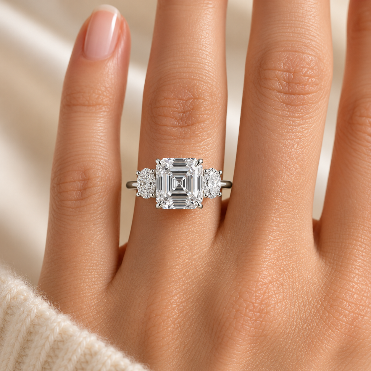 3.09 CT Asscher Cut Lab-Grown Diamond Three Stone Engagement Ring in 14K White Gold – IGI Certified Oval Side Diamond Design