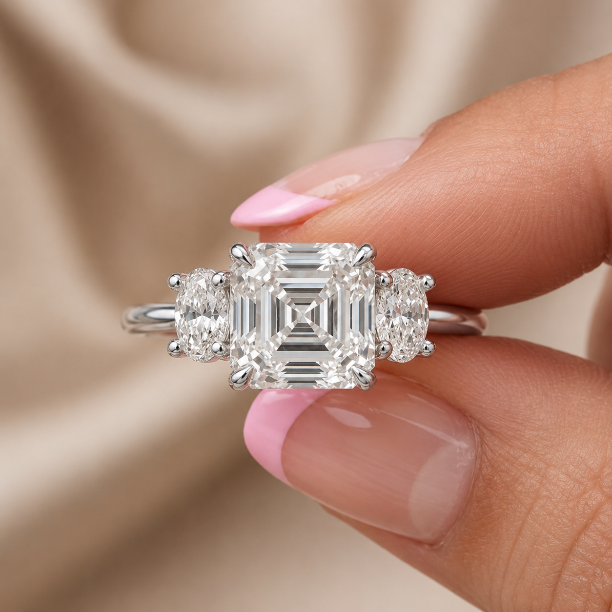 3.09 CT Asscher Cut Lab-Grown Diamond Three Stone Engagement Ring in 14K White Gold – IGI Certified Oval Side Diamond Design