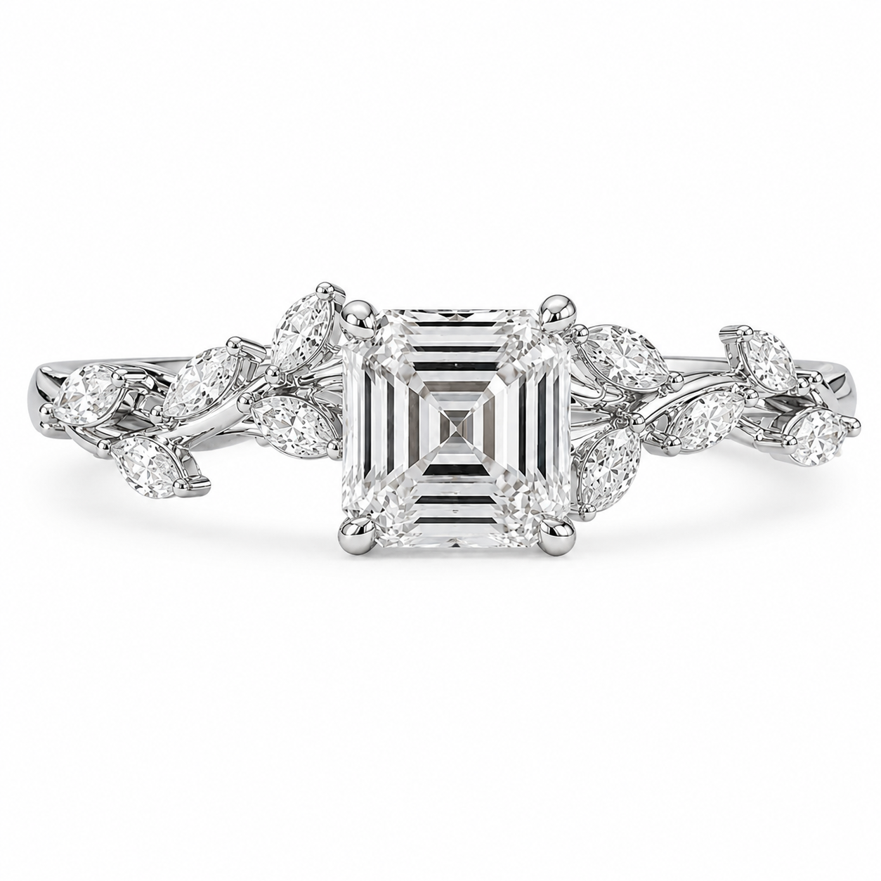 3.50 CT Asscher Cut Lab-Grown Diamond Engagement Ring in 14K White Gold – Nature Inspired Marquise Side Stone Design | IGI Certified
