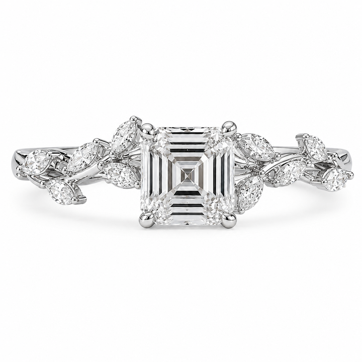 3.50 CT Asscher Cut Lab-Grown Diamond Engagement Ring in 14K White Gold – Nature Inspired Marquise Side Stone Design | IGI Certified