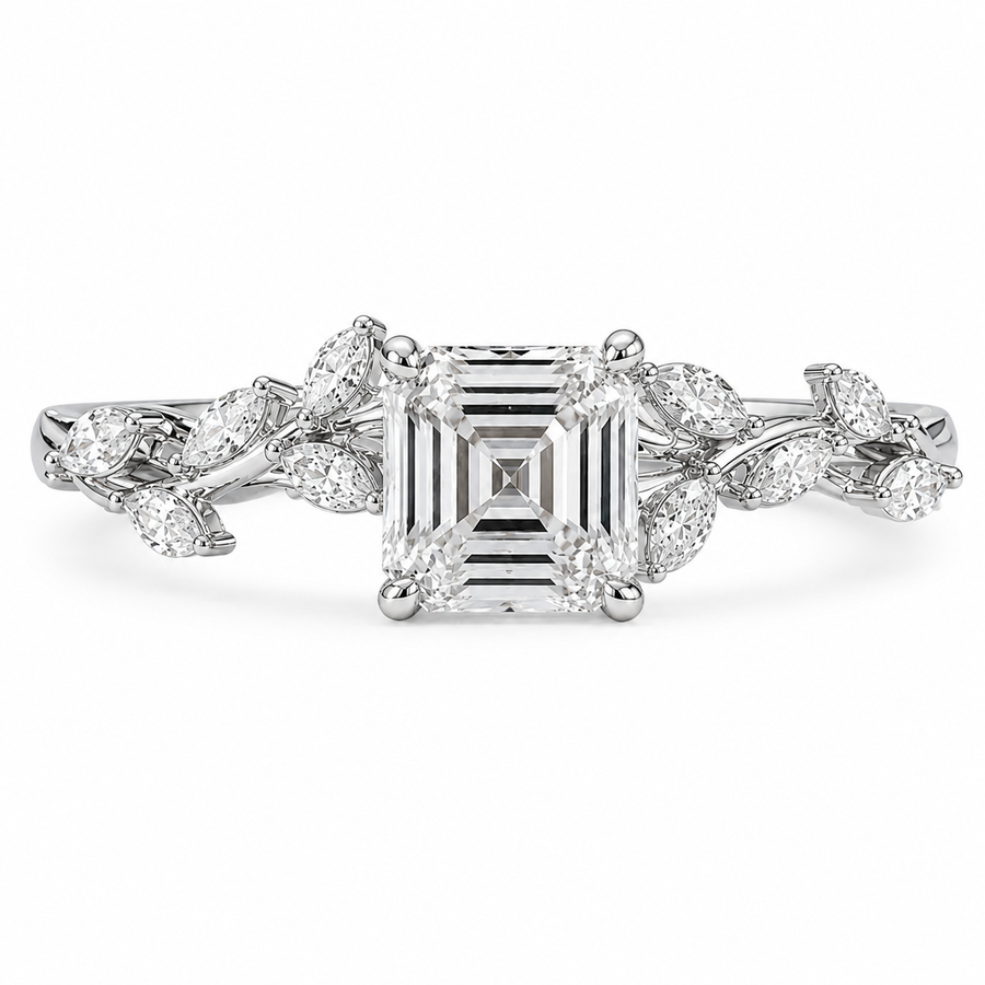 3.50 CT Asscher Cut Lab-Grown Diamond Engagement Ring in 14K White Gold – Nature Inspired Marquise Side Stone Design | IGI Certified