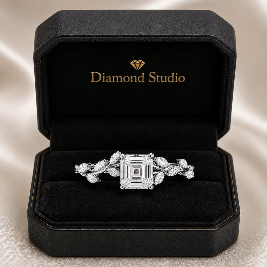 3.50 CT Asscher Cut Lab-Grown Diamond Engagement Ring in 14K White Gold – Nature Inspired Marquise Side Stone Design | IGI Certified