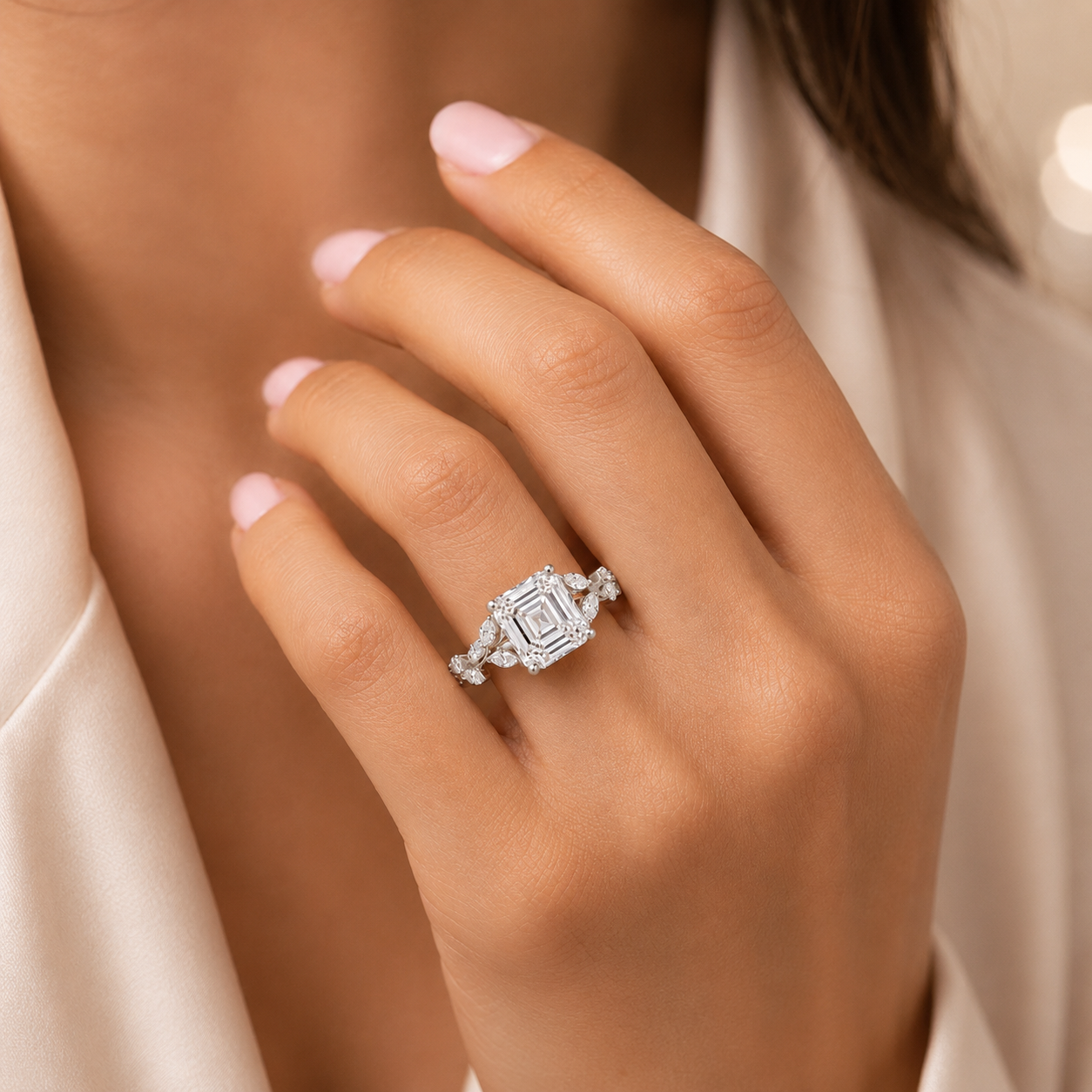 3.50 CT Asscher Cut Lab-Grown Diamond Engagement Ring in 14K White Gold – Nature Inspired Marquise Side Stone Design | IGI Certified