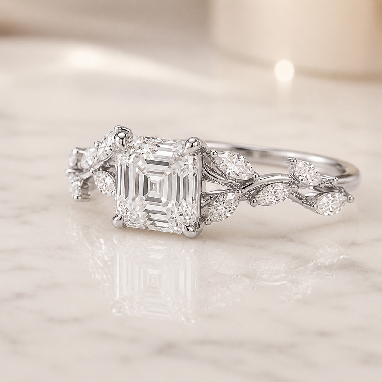3.50 CT Asscher Cut Lab-Grown Diamond Engagement Ring in 14K White Gold – Nature Inspired Marquise Side Stone Design | IGI Certified