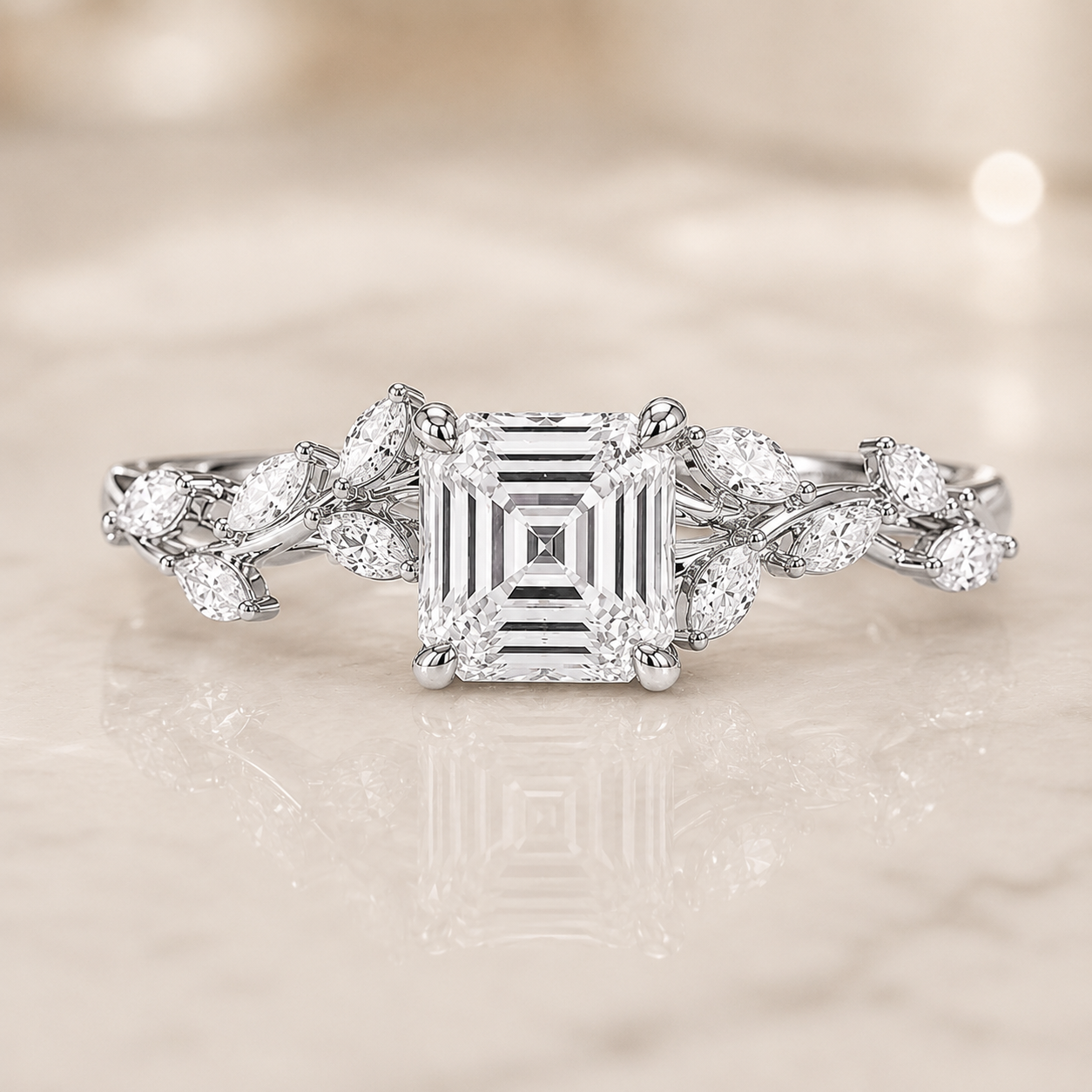 3.50 CT Asscher Cut Lab-Grown Diamond Engagement Ring in 14K White Gold – Nature Inspired Marquise Side Stone Design | IGI Certified