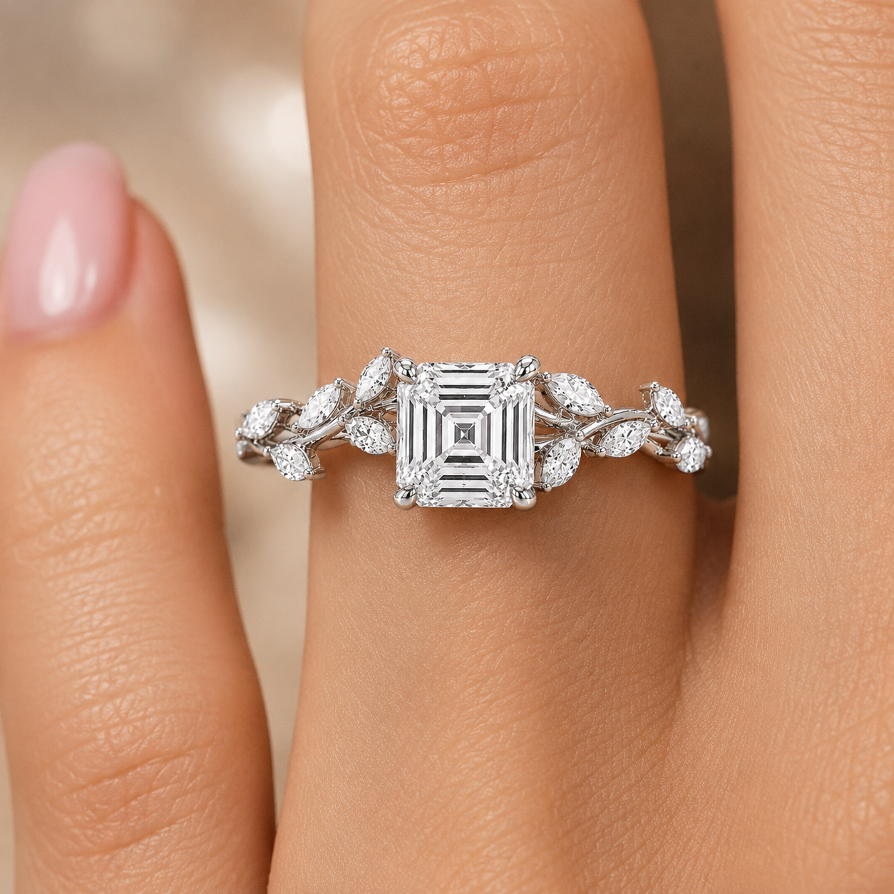 3.50 CT Asscher Cut Lab-Grown Diamond Engagement Ring in 14K White Gold – Nature Inspired Marquise Side Stone Design | IGI Certified