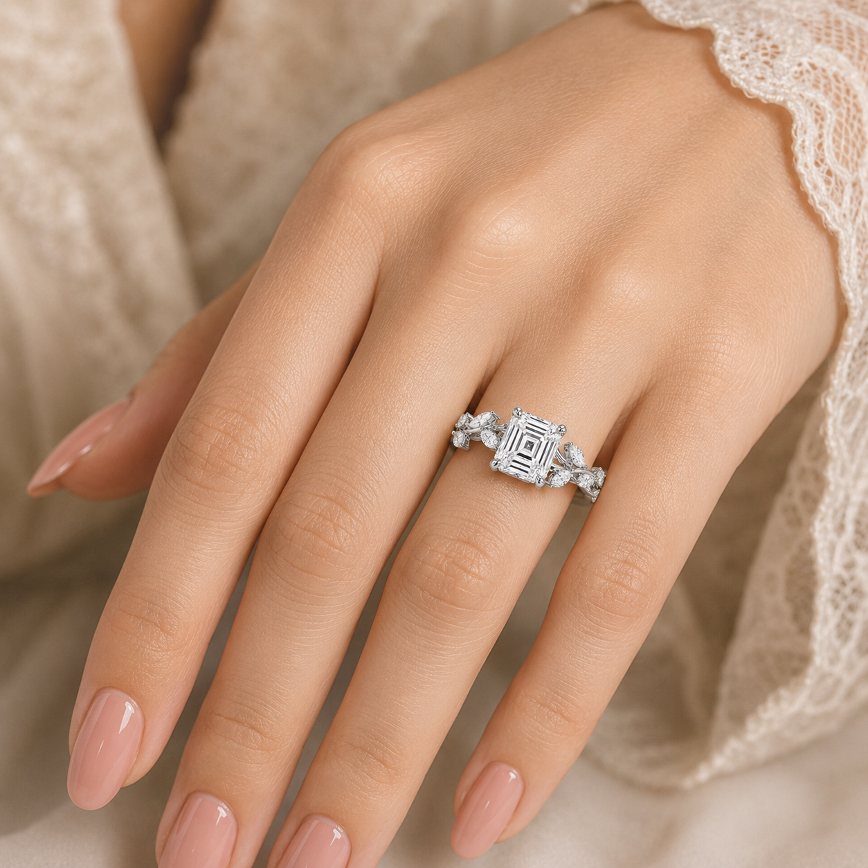 3.50 CT Asscher Cut Lab-Grown Diamond Engagement Ring in 14K White Gold – Nature Inspired Marquise Side Stone Design | IGI Certified