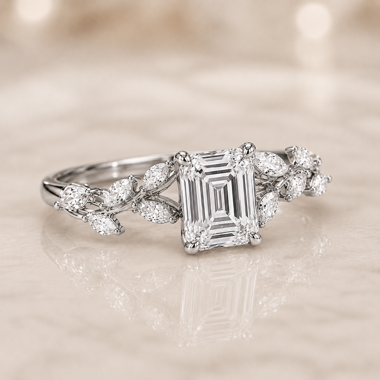 3.50 CT Asscher Cut Lab-Grown Diamond Engagement Ring in 14K White Gold – Nature Inspired Marquise Side Stone Design | IGI Certified