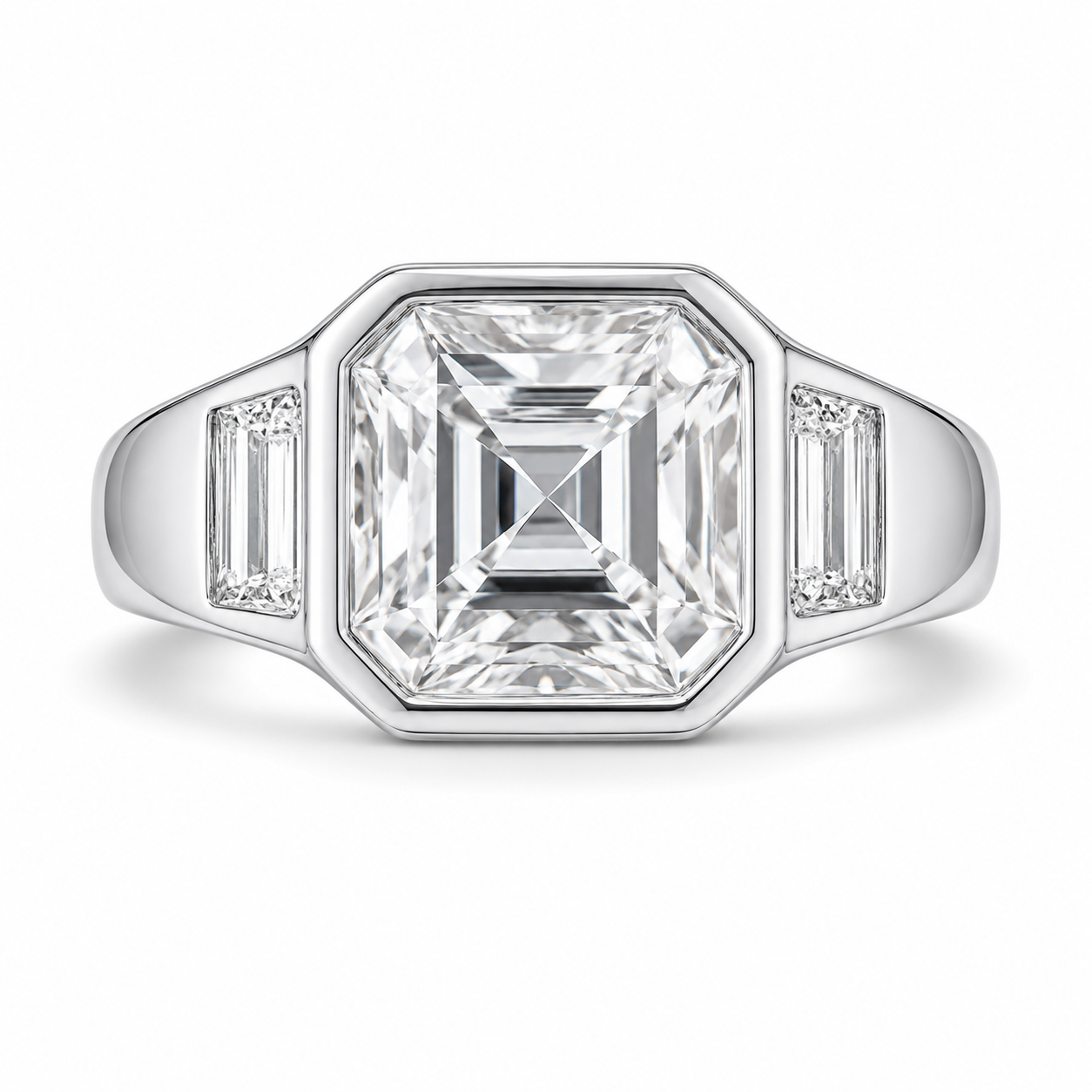 2.50 CT Asscher Cut Lab-Grown Diamond Three Stone Engagement Ring in 14K White Gold – Cushion & Baguette Side Stone Bridal Design