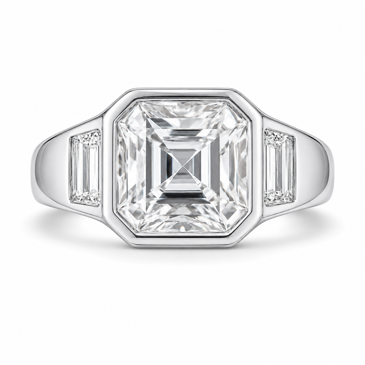 2.50 CT Asscher Cut Lab-Grown Diamond Three Stone Engagement Ring in White Gold – Cushion & Baguette Side Stone Bridal Design
