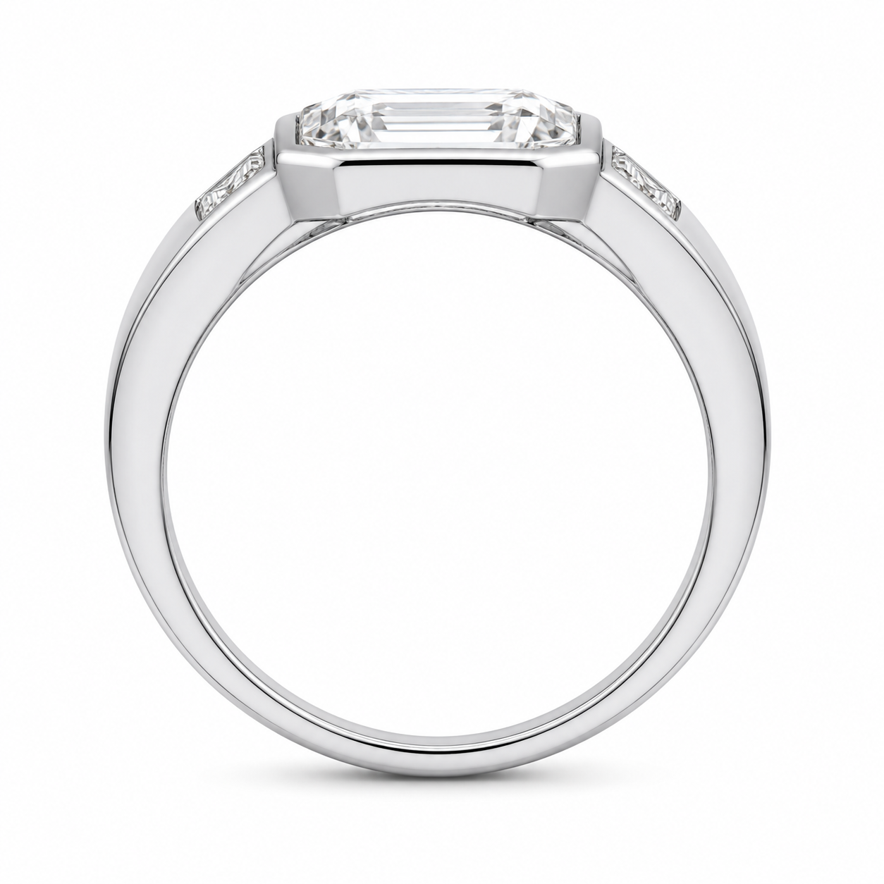 2.50 CT Asscher Cut Lab-Grown Diamond Three Stone Engagement Ring in 14K White Gold – Cushion & Baguette Side Stone Bridal Design