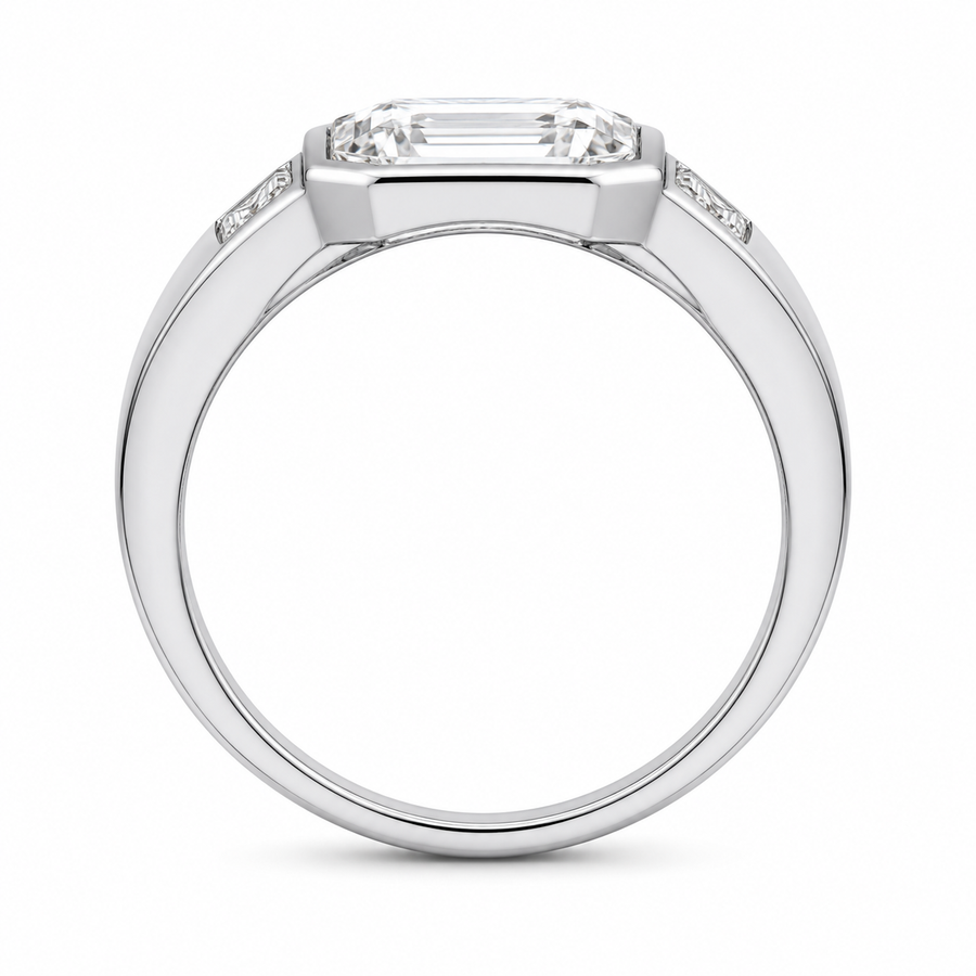 2.50 CT Asscher Cut Lab-Grown Diamond Three Stone Engagement Ring in 14K White Gold – Cushion & Baguette Side Stone Bridal Design