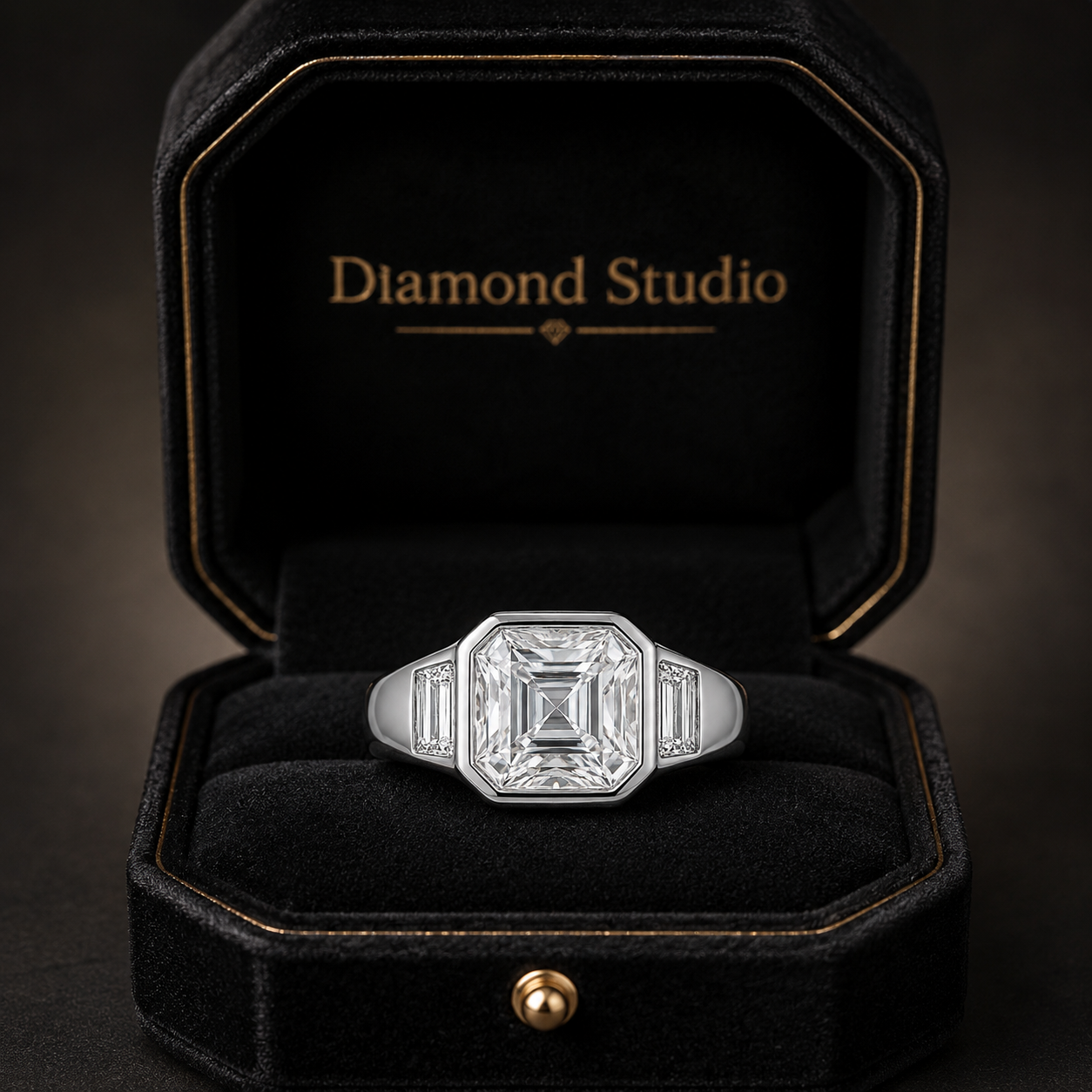2.50 CT Asscher Cut Lab-Grown Diamond Three Stone Engagement Ring in 14K White Gold – Cushion & Baguette Side Stone Bridal Design