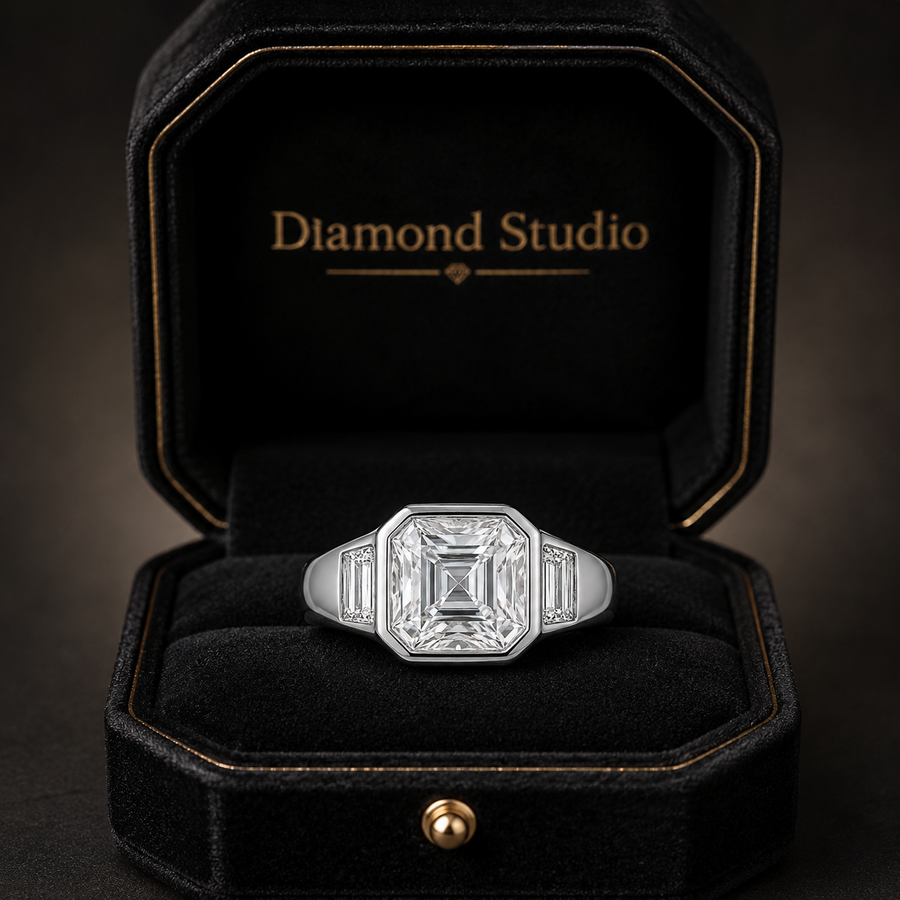 2.50 CT Asscher Cut Lab-Grown Diamond Three Stone Engagement Ring in 14K White Gold – Cushion & Baguette Side Stone Bridal Design