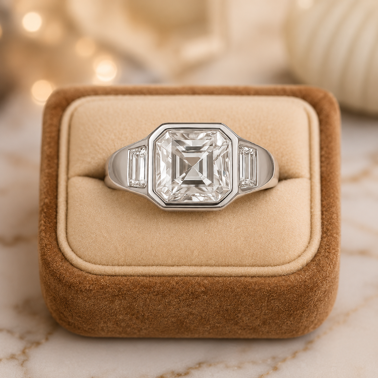 2.50 CT Asscher Cut Lab-Grown Diamond Three Stone Engagement Ring in 14K White Gold – Cushion & Baguette Side Stone Bridal Design