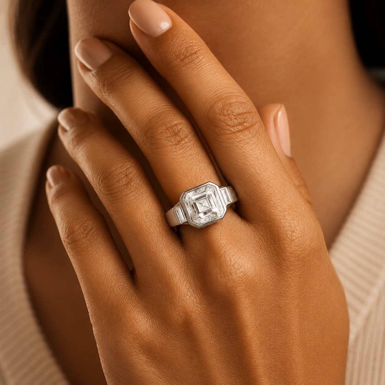 2.50 CT Asscher Cut Lab-Grown Diamond Three Stone Engagement Ring in 14K White Gold – Cushion & Baguette Side Stone Bridal Design