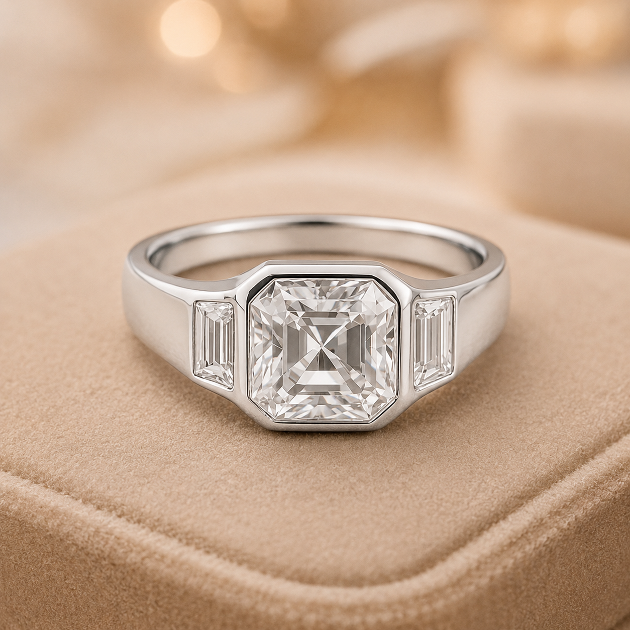 2.50 CT Asscher Cut Lab-Grown Diamond Three Stone Engagement Ring in 14K White Gold – Cushion & Baguette Side Stone Bridal Design