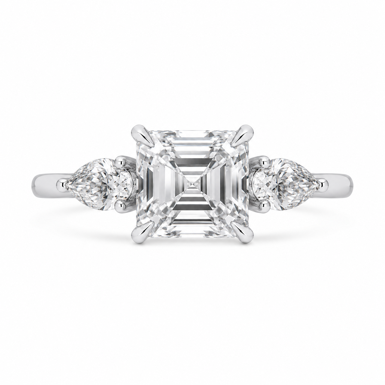 2.00 CT Asscher Cut Lab-Grown Diamond Three Stone Engagement Ring in 14K White Gold – Bezel Set IGI Certified Design