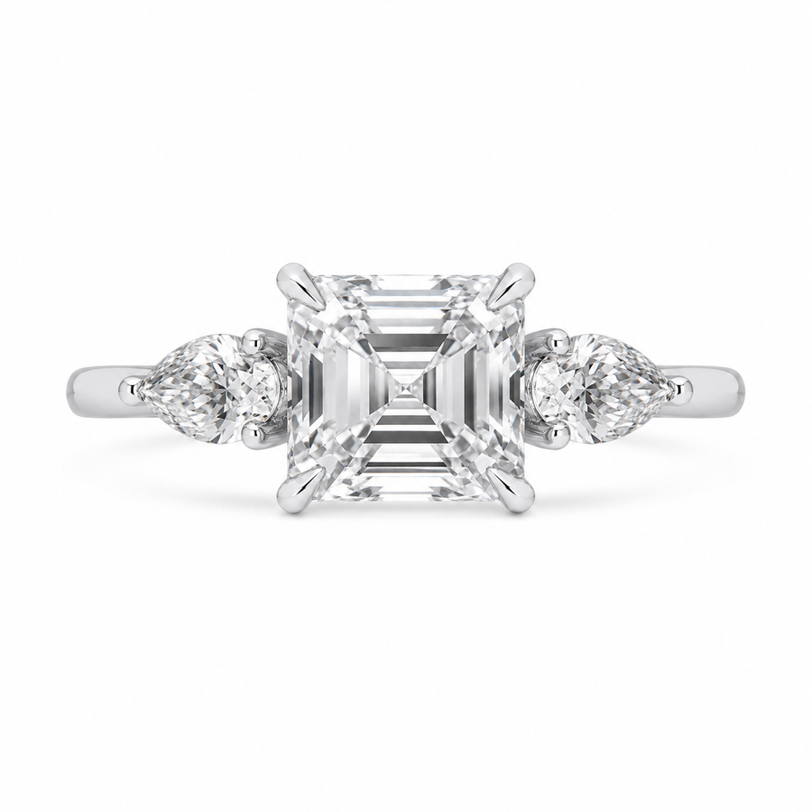 2.00 CT Asscher Cut Lab-Grown Diamond Three Stone Engagement Ring in 14K White Gold – Bezel Set IGI Certified Design