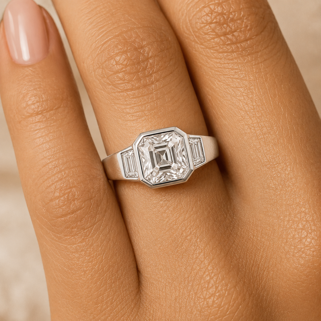 2.50 CT Asscher Cut Lab-Grown Diamond Three Stone Engagement Ring in 14K White Gold – Cushion & Baguette Side Stone Bridal Design