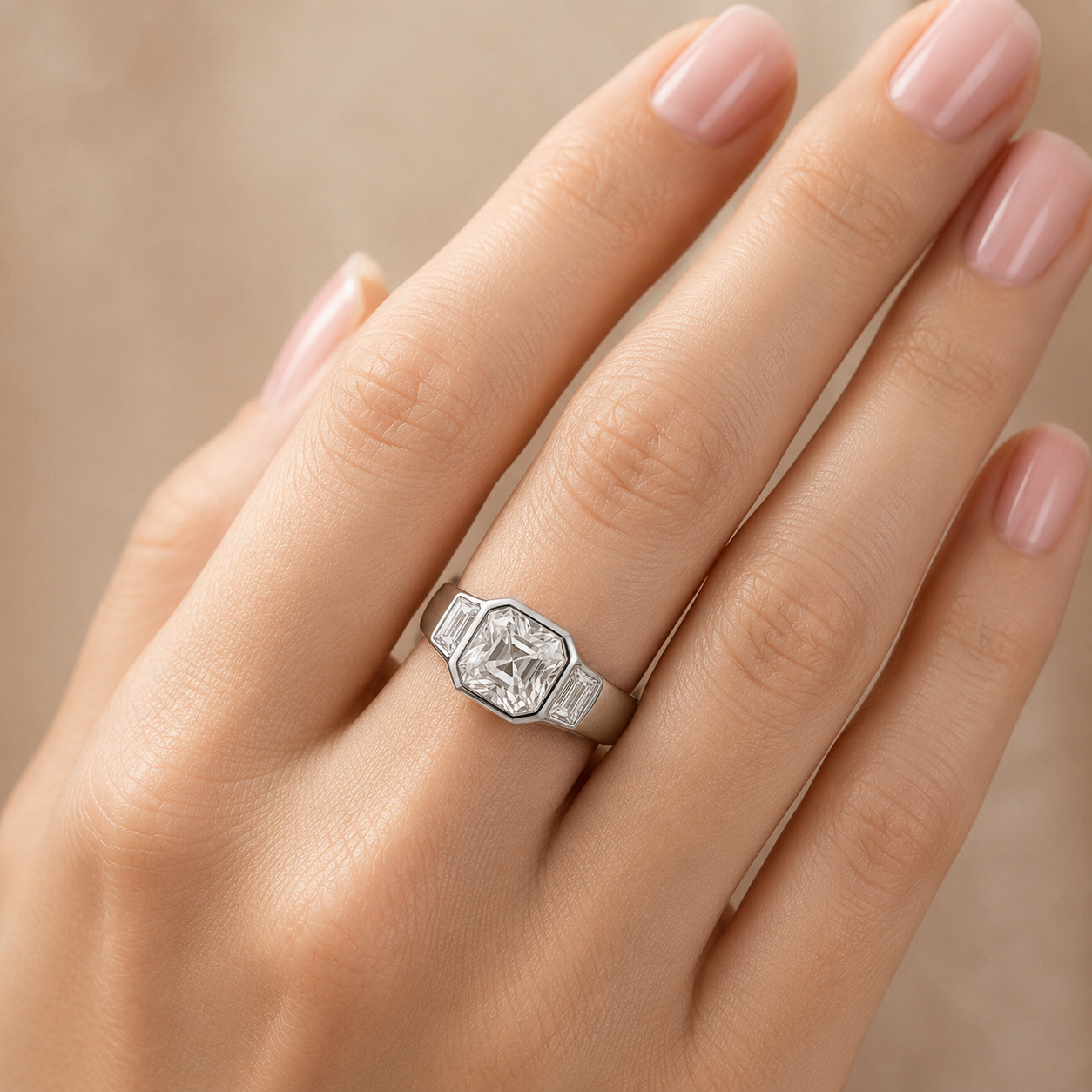 2.50 CT Asscher Cut Lab-Grown Diamond Three Stone Engagement Ring in 14K White Gold – Cushion & Baguette Side Stone Bridal Design