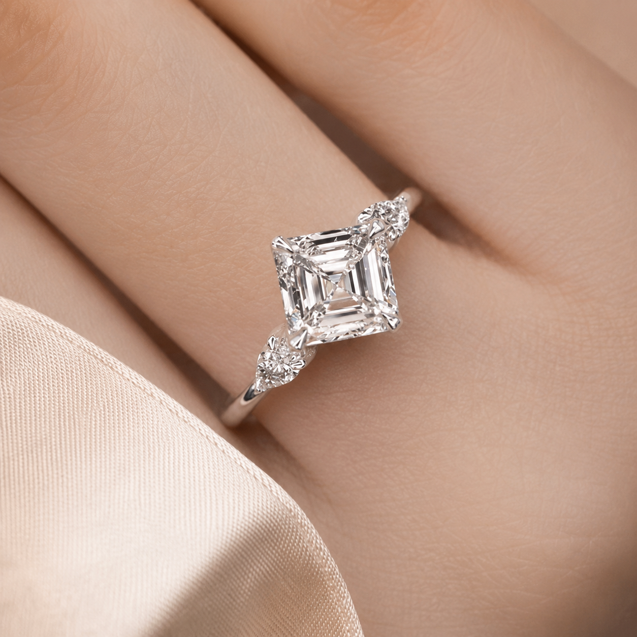 2.00 CT Asscher Cut Lab-Grown Diamond Three Stone Engagement Ring in 14K White Gold – Bezel Set IGI Certified Design