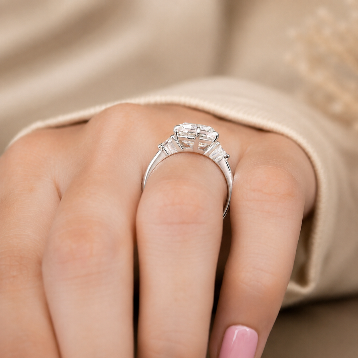 2.00 CT Asscher Cut Lab-Grown Diamond Three Stone Engagement Ring in 14K White Gold – Bezel Set IGI Certified Design