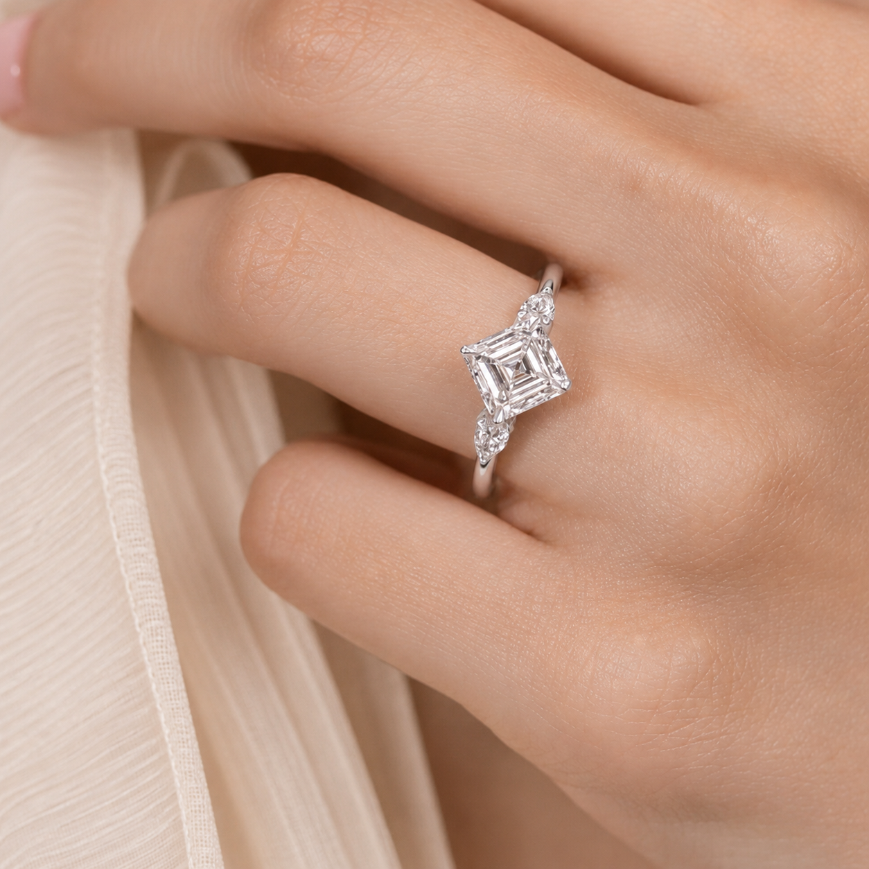 2.00 CT Asscher Cut Lab-Grown Diamond Three Stone Engagement Ring in 14K White Gold – Bezel Set IGI Certified Design