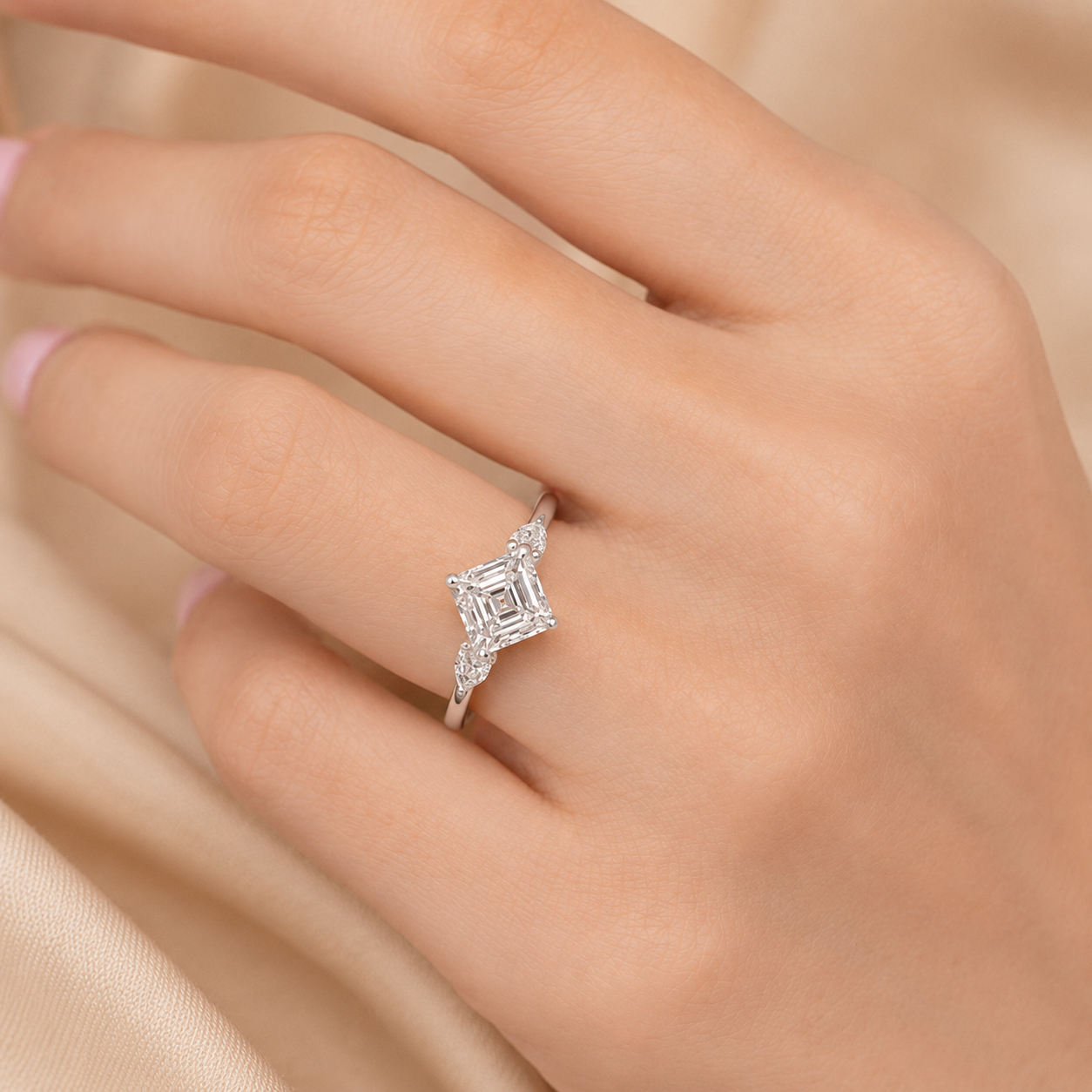 2.00 CT Asscher Cut Lab-Grown Diamond Three Stone Engagement Ring in 14K White Gold – Bezel Set IGI Certified Design