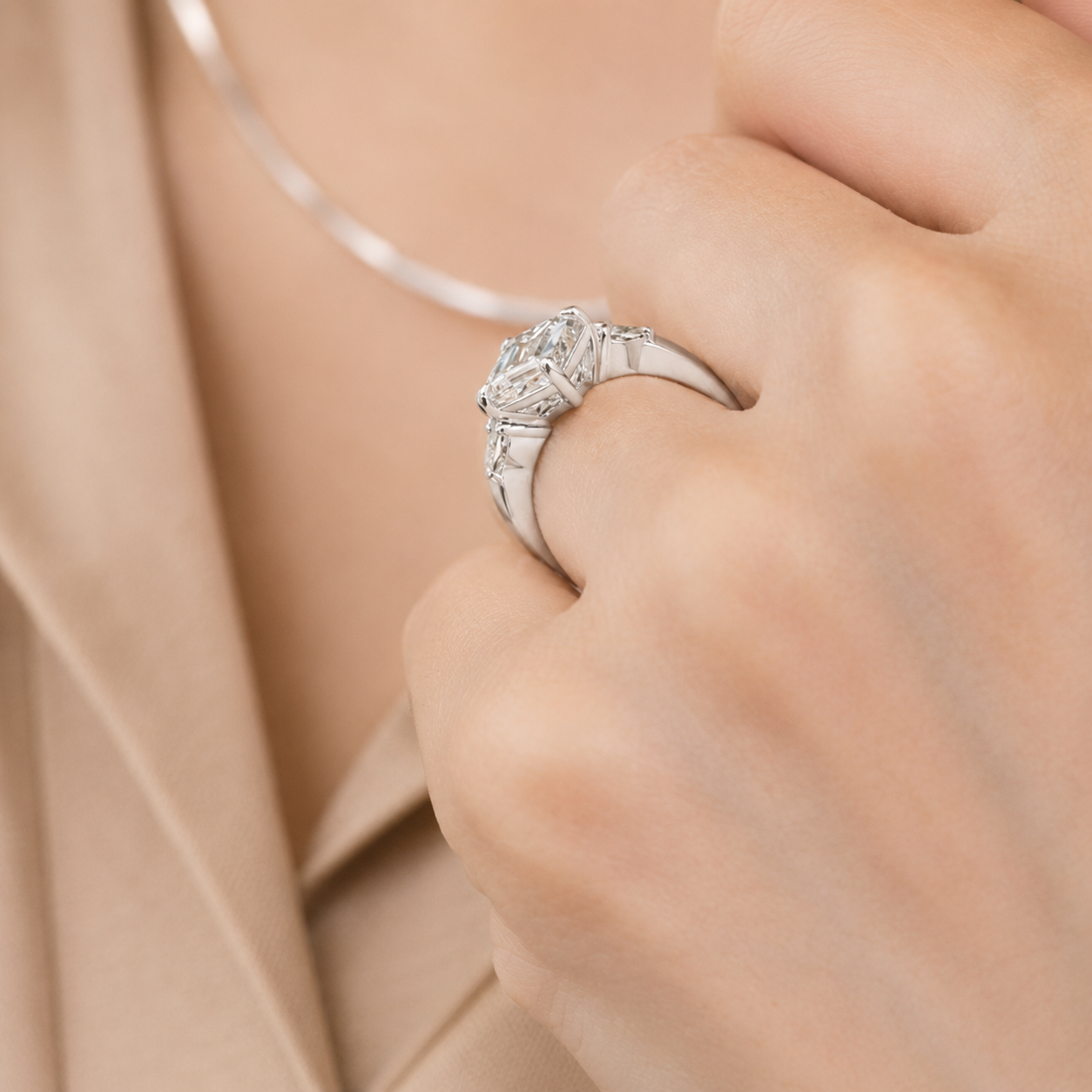 2.00 CT Asscher Cut Lab-Grown Diamond Three Stone Engagement Ring in 14K White Gold – Bezel Set IGI Certified Design