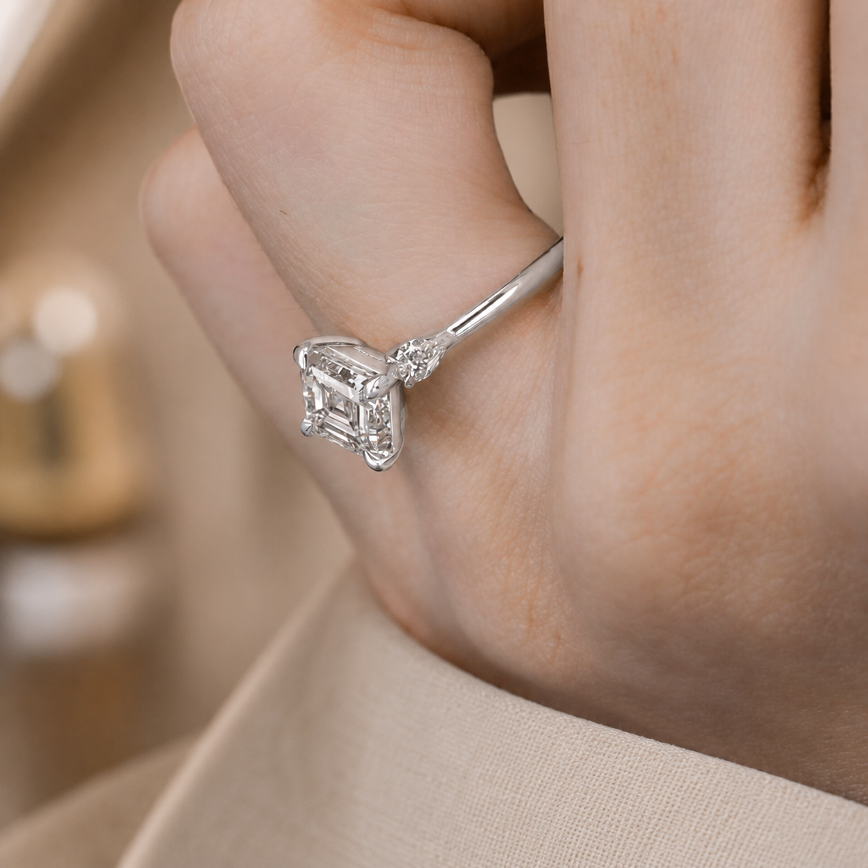 2.00 CT Asscher Cut Lab-Grown Diamond Three Stone Engagement Ring in 14K White Gold – Bezel Set IGI Certified Design