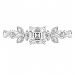 2.50 CT Asscher Cut Lab-Grown Diamond Engagement Ring in 14K White Gold – Nature Inspired Round Brilliant Side Stone Design | IGI Certified