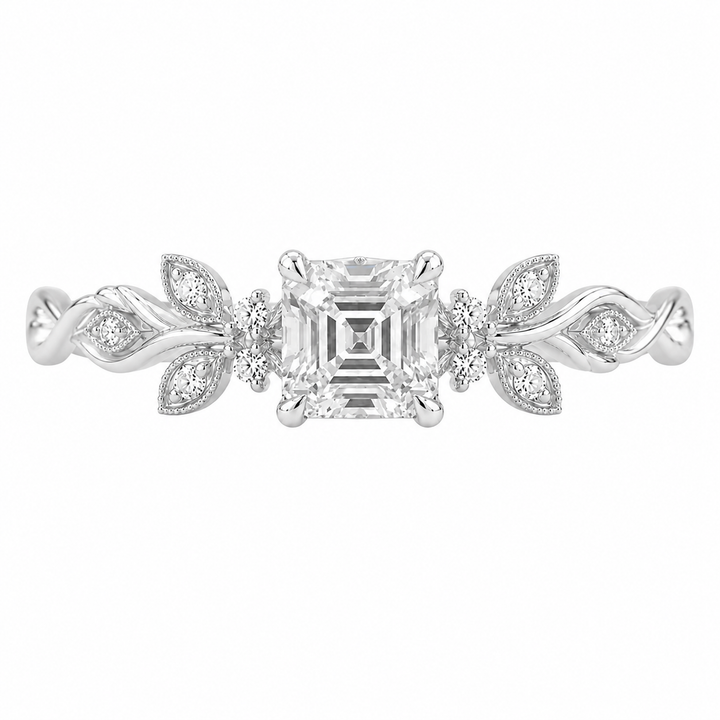 2.50 CT Asscher Cut Lab-Grown Diamond Engagement Ring in 14K White Gold – Nature Inspired Round Brilliant Side Stone Design | IGI Certified