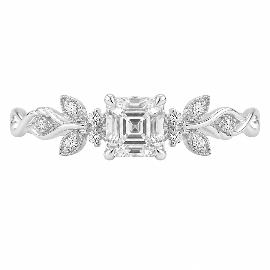 2.50 CT Asscher Cut Lab-Grown Diamond Engagement Ring in 14K White Gold – Nature Inspired Round Brilliant Side Stone Design | IGI Certified