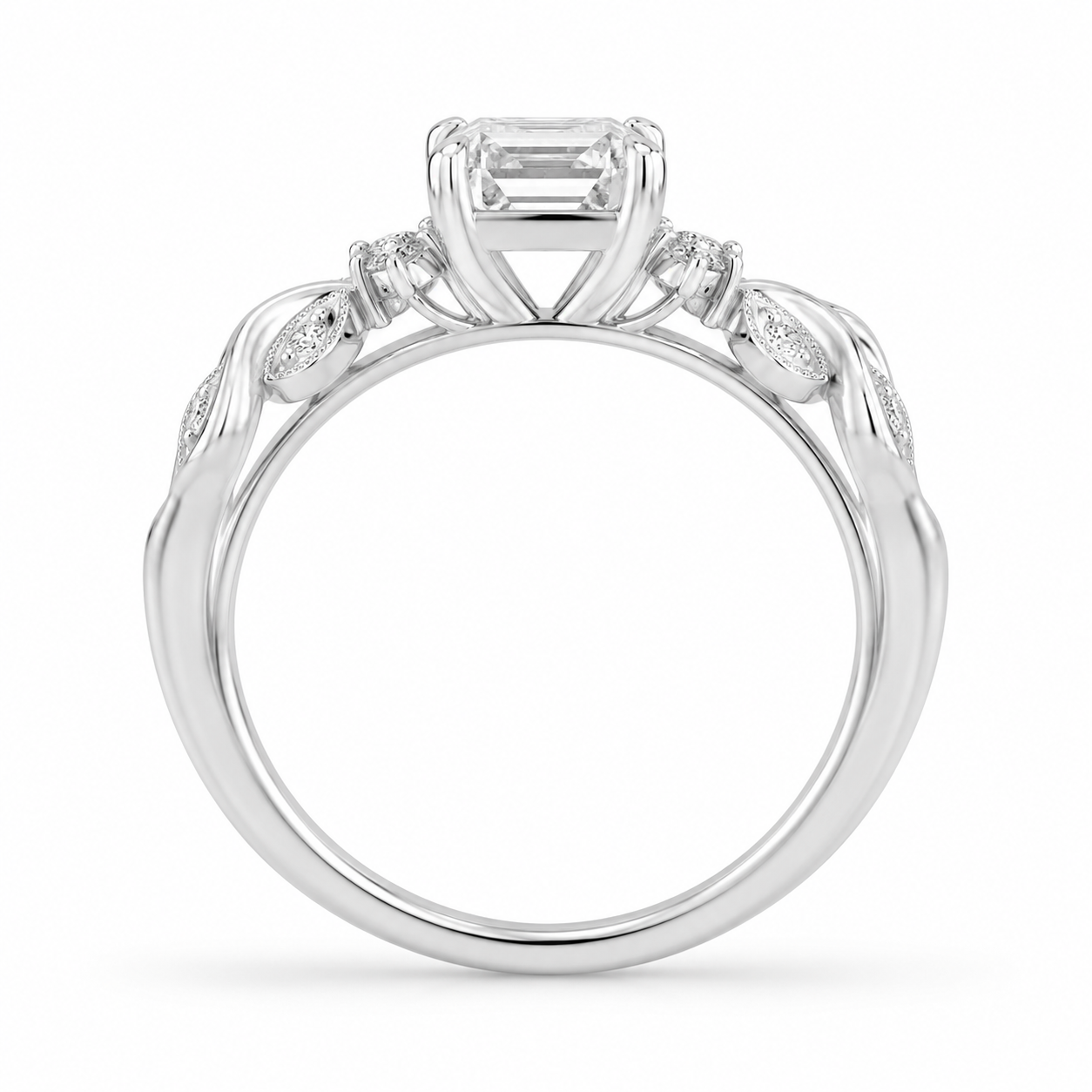 2.50 CT Asscher Cut Lab-Grown Diamond Engagement Ring in 14K White Gold – Nature Inspired Round Brilliant Side Stone Design | IGI Certified