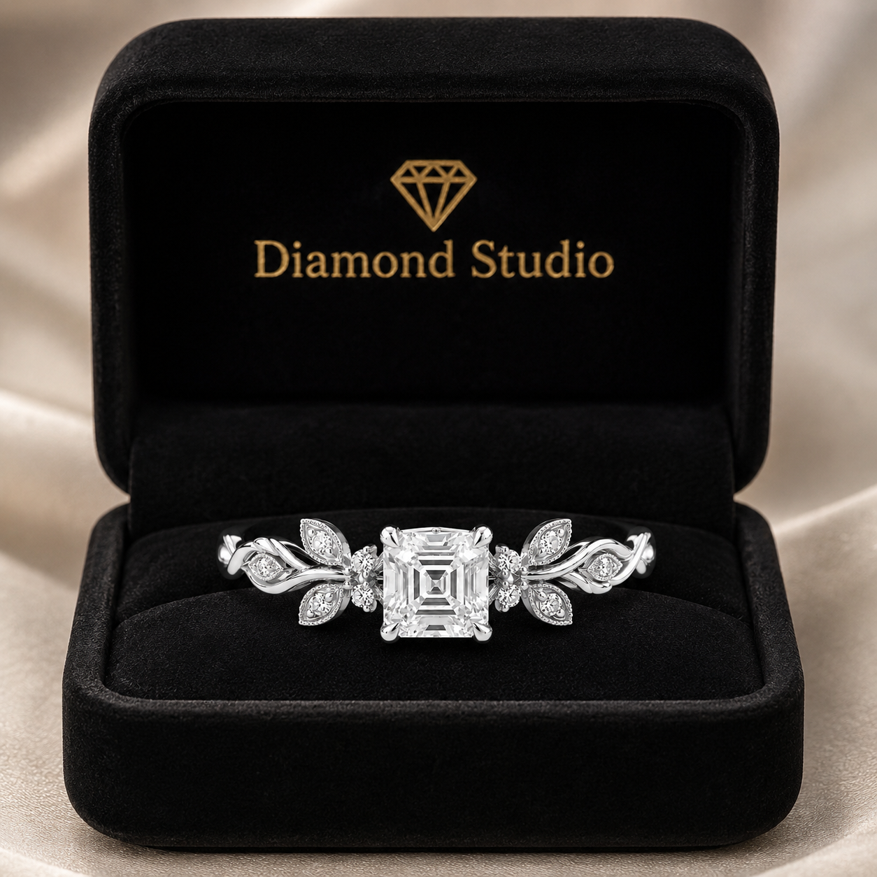 2.50 CT Asscher Cut Lab-Grown Diamond Engagement Ring in 14K White Gold – Nature Inspired Round Brilliant Side Stone Design | IGI Certified
